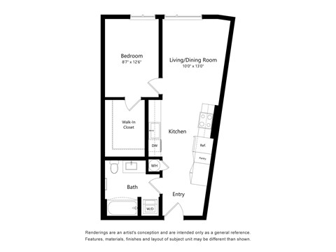 Floor plan for 1 bed, 1 bath, 610 sqft